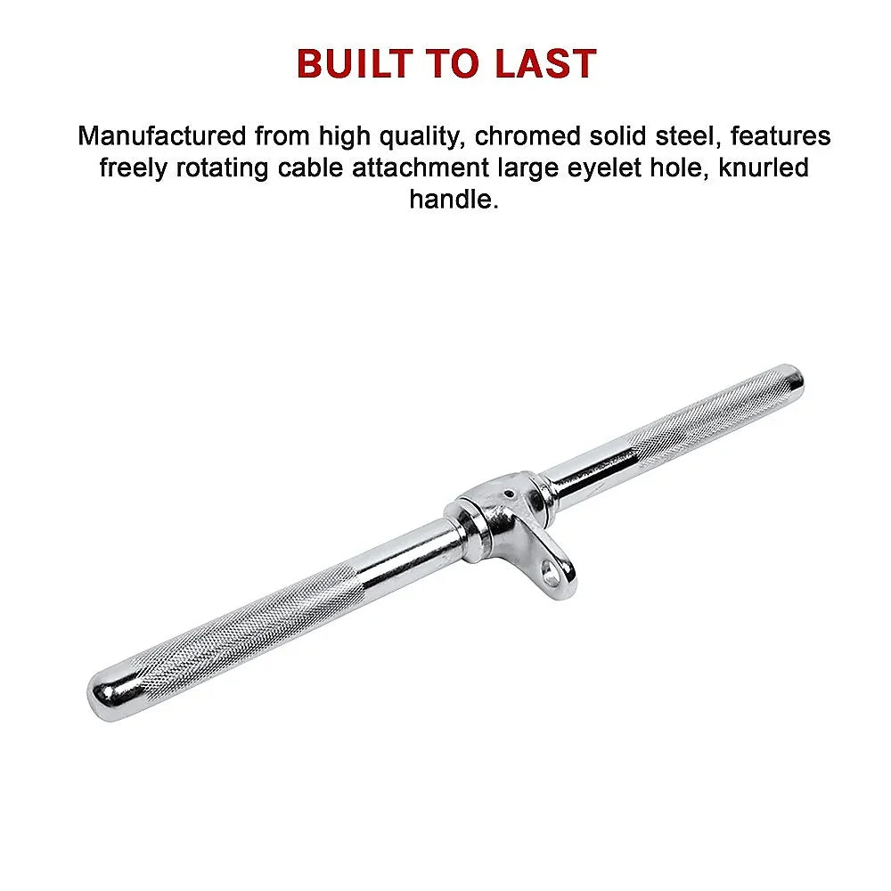 Chromed solid steel cable attachment handle with knurled grip and large eyelet hole