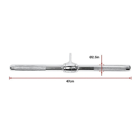 47cm silver metal handle with textured grip and central turning lever, tool measurement details