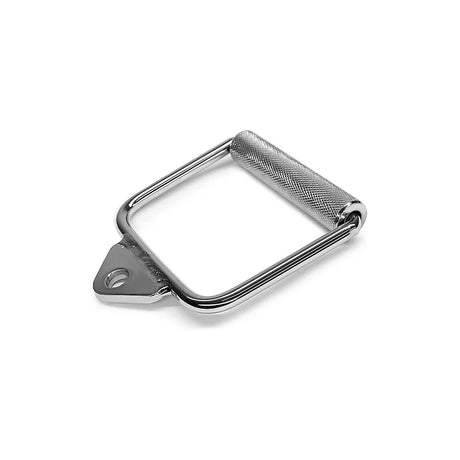Chrome metal gym cable attachment handle with textured grip on white background