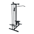 Black lat pulldown machine with seat and weight plate holders, gym equipment on black background