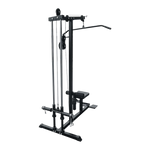 Black lat pulldown machine with seat and weight plate holders, gym equipment on black background