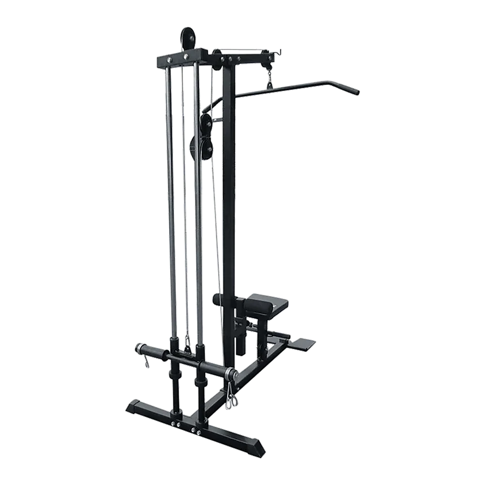 Black lat pulldown machine with seat and weight plate holders, gym equipment on black background