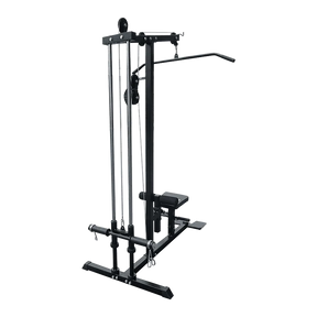 Black lat pulldown machine with seat and weight plate holders, gym equipment on black background
