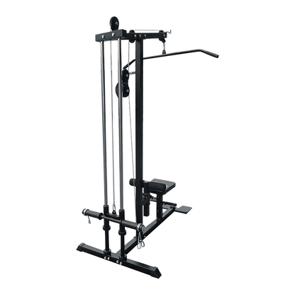 Black lat pulldown machine with seat and weight plate holders, gym equipment on black background