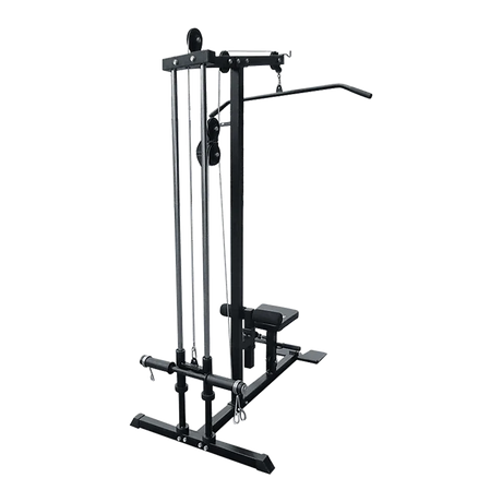 Black lat pulldown machine with seat and weight plate holders, gym equipment on black background