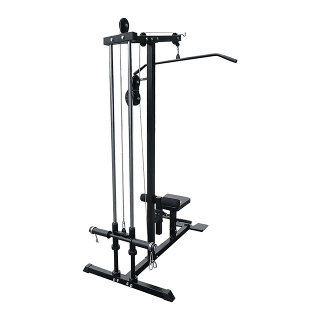 Black lat pulldown machine with seat and weight plate holders, gym equipment on black background
