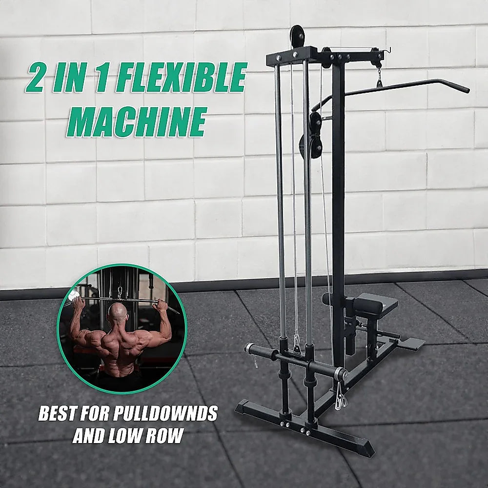 2 in 1 flexible gym machine for pulldowns and low row, black frame in workout room