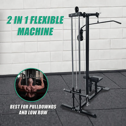 2 in 1 flexible gym machine for pulldowns and low row, black frame in workout room