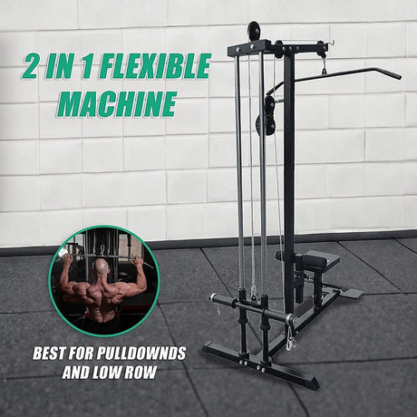 2 in 1 flexible gym machine for pulldowns and low row, black frame in workout room