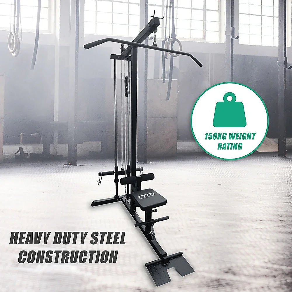 Heavy duty steel lat pull down machine for gym, 150kg weight rating, in fitness studio