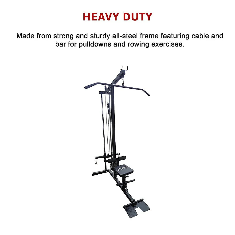 Heavy duty all-steel lat pulldown and rowing machine with cables and padded seat