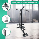 Lat pulldown machine with adjustable seat and foot bracing in a gym setting