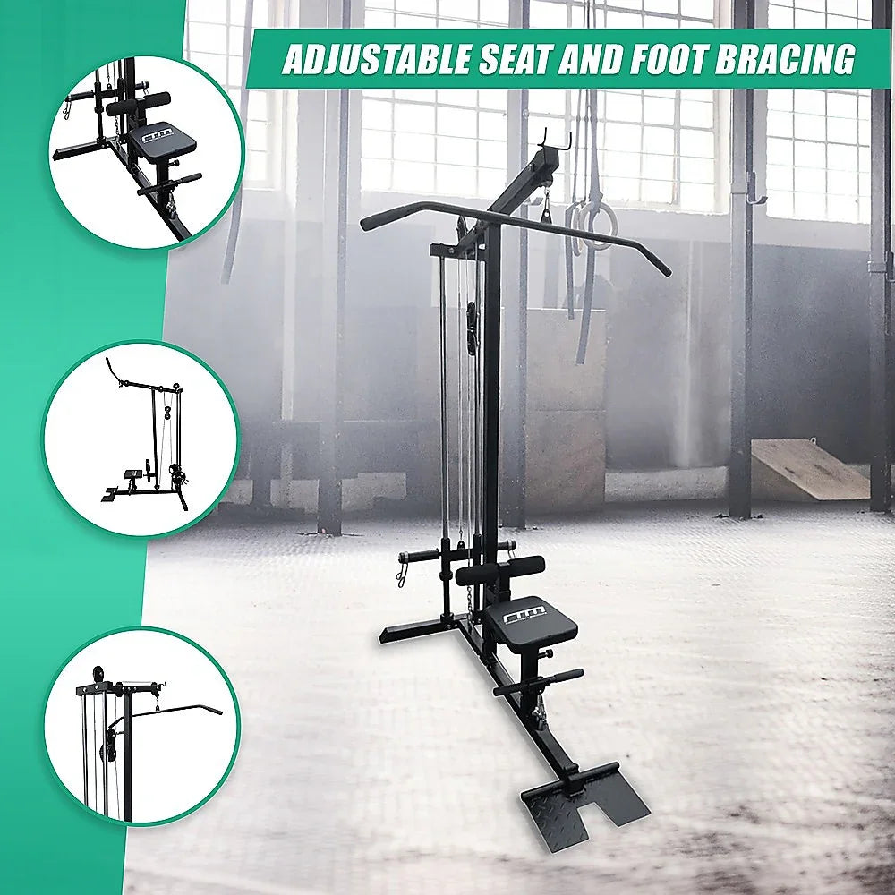 Lat pulldown machine with adjustable seat and foot bracing in a gym setting
