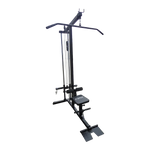 Black lat pulldown machine with padded seat and high pulley, gym equipment on white background