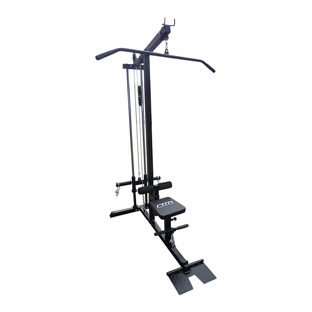 Black lat pulldown machine with padded seat and high pulley, gym equipment on white background