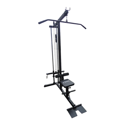 Black lat pulldown machine with padded seat and high pulley, gym equipment on white background