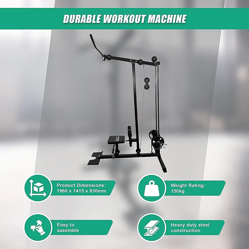 Durable workout machine with lat pulldown, steel frame, 150kg capacity, easy assembly