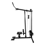 Black lat pulldown machine with padded seat and cable attachment on white background