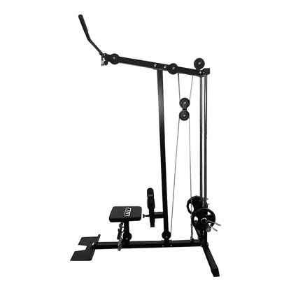 Black lat pulldown machine with padded seat and cable attachment on white background