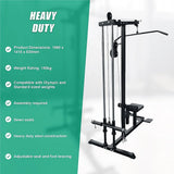 Heavy duty steel lat pulldown gym machine with adjustable seat, foot bracing, and pulley system.