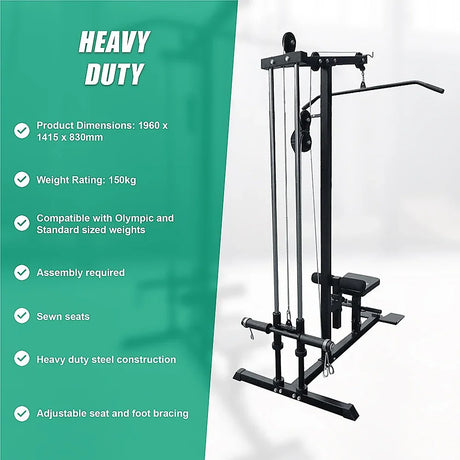 Heavy duty steel lat pulldown gym machine with adjustable seat, foot bracing, and pulley system.
