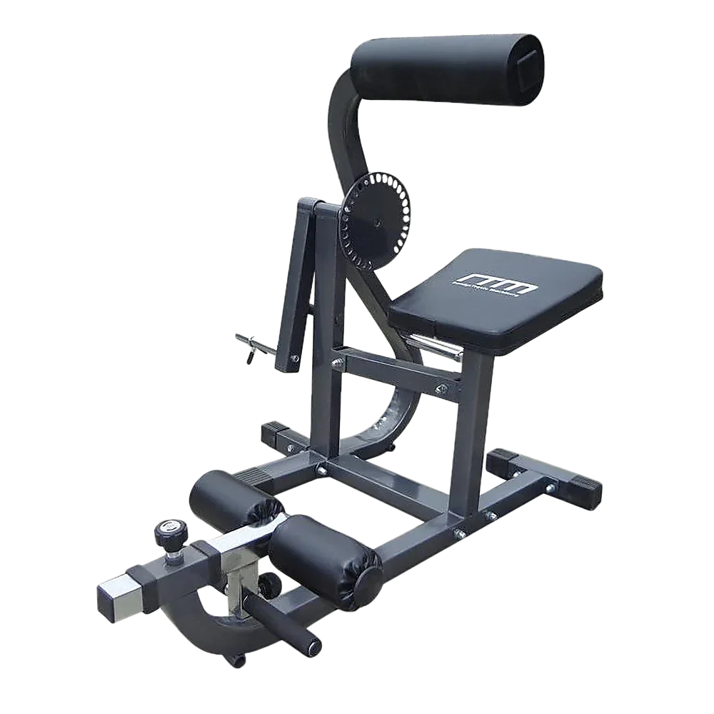 Black sissy squat machine with padded seat and rollers for leg exercise