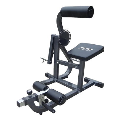 Black sissy squat machine with padded seat and rollers for leg exercise