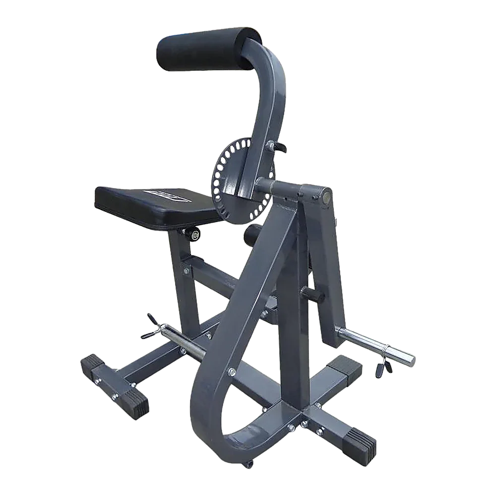 Adjustable gym bench machine with padded seat and armrest on black background