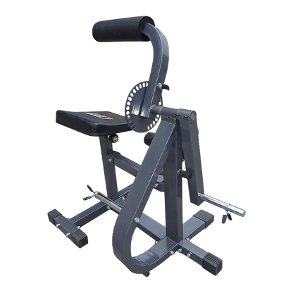 Adjustable gym bench machine with padded seat and armrest on black background