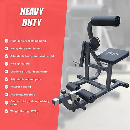 Heavy duty gym bench with adjustable seat, foam padding, steel frame, and product features list