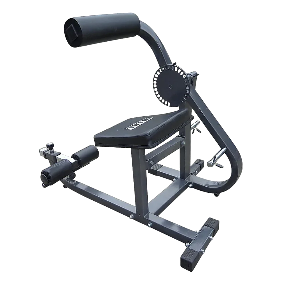 Adjustable black sissy squat bench gym equipment on a white background