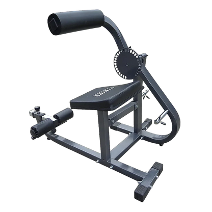 Adjustable black sissy squat bench gym equipment on a white background
