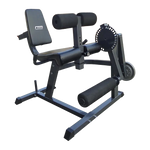 Black adjustable sissy squat and leg extension machine with padded rollers and seat