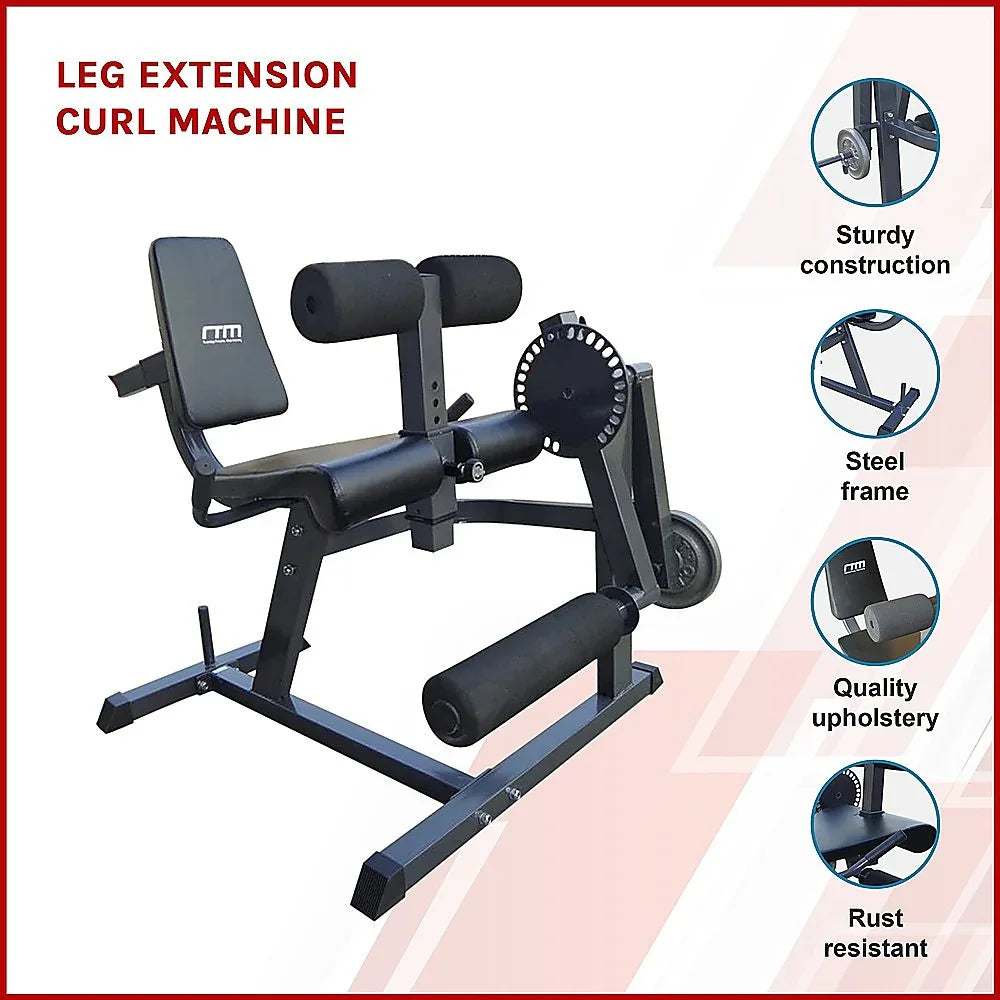 Leg extension curl machine with steel frame, black upholstery, and sturdy construction.