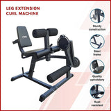 Leg extension curl machine with steel frame, black upholstery, and sturdy construction.