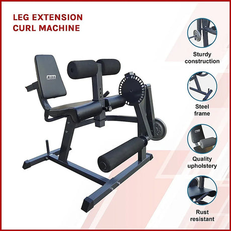 Leg extension curl machine with steel frame, black upholstery, and sturdy construction.