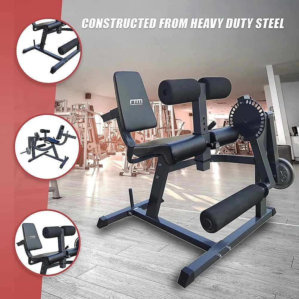 Heavy duty steel gym leg curl extension machine in modern fitness center setting
