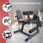 Heavy duty steel gym leg curl extension machine in modern fitness center setting