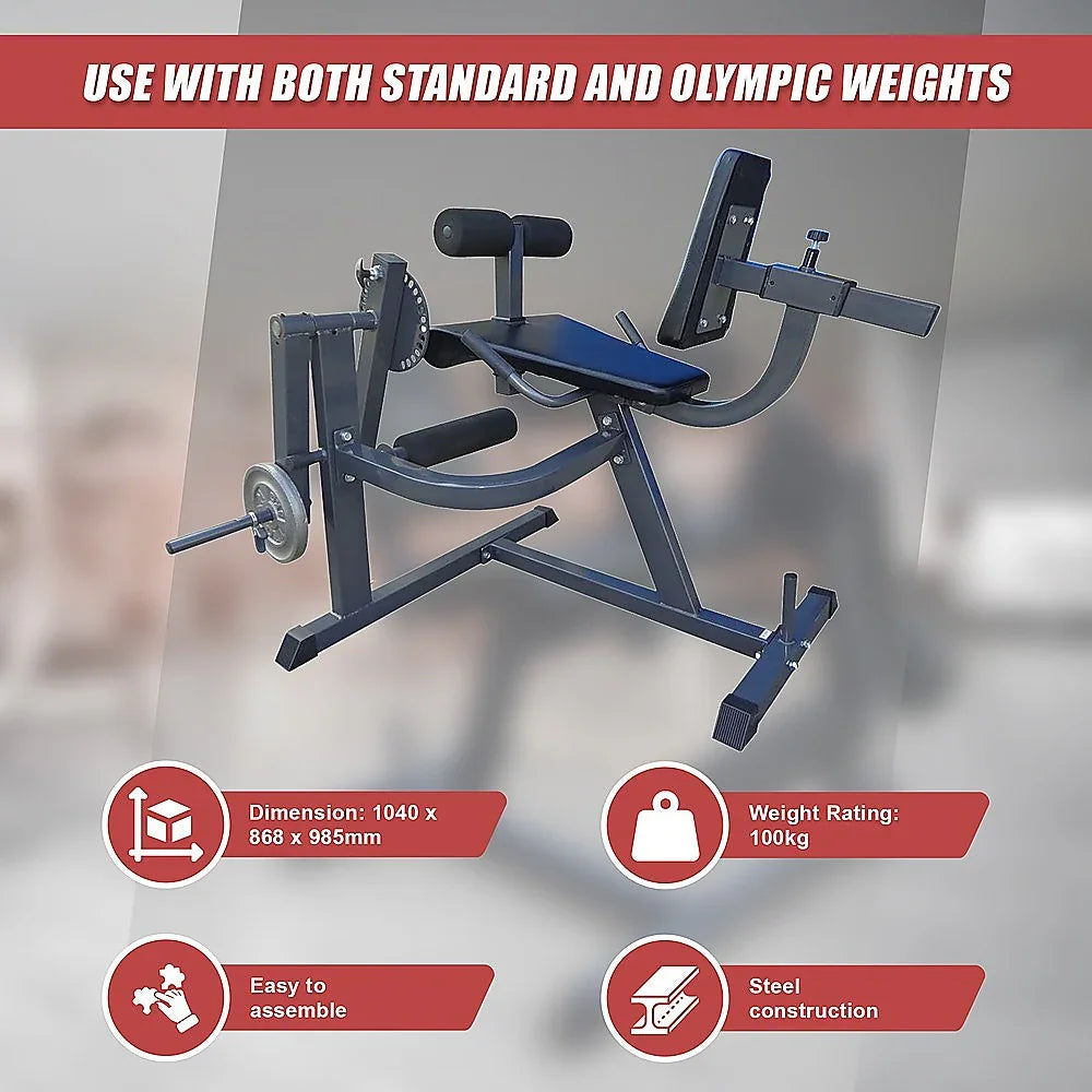 Adjustable leg extension and curl machine with steel frame, compatible with standard and Olympic weights.