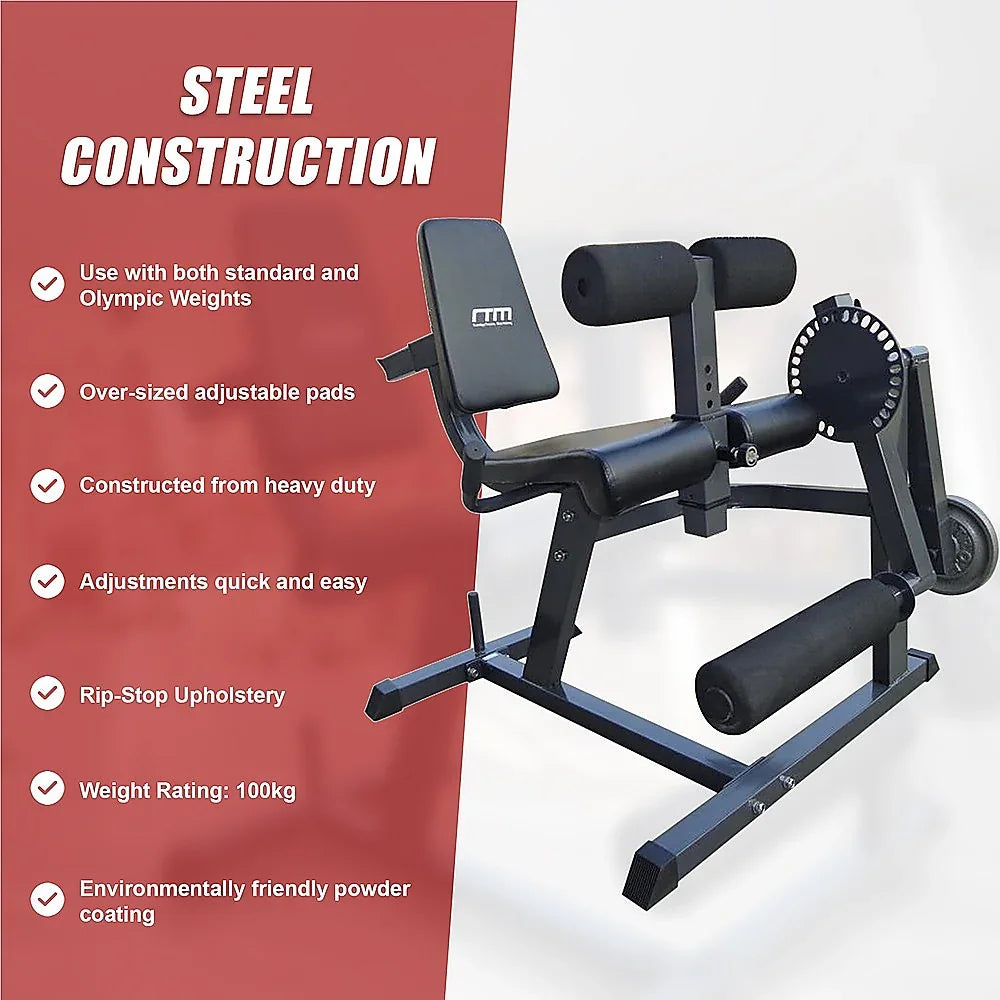 Heavy-duty steel gym machine with adjustable pads, leg rollers, and fitness features highlighted.