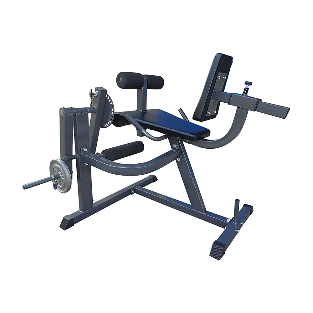 Commercial black and silver seated leg curl machine with padding and weight plate