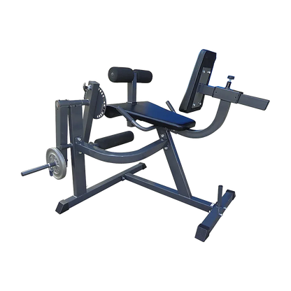 Commercial black and silver seated leg curl machine with padding and weight plate