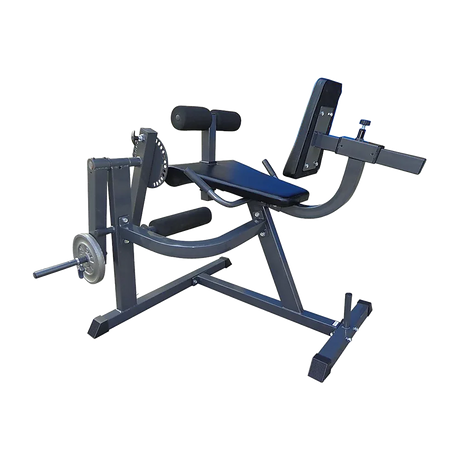 Commercial black and silver seated leg curl machine with padding and weight plate