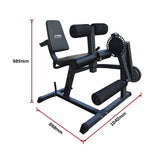 Black sissy squat machine gym equipment with padded rollers and dimensions 985mm x 868mm x 1040mm