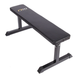 Flat black weight bench with steel frame for gym and home workout training