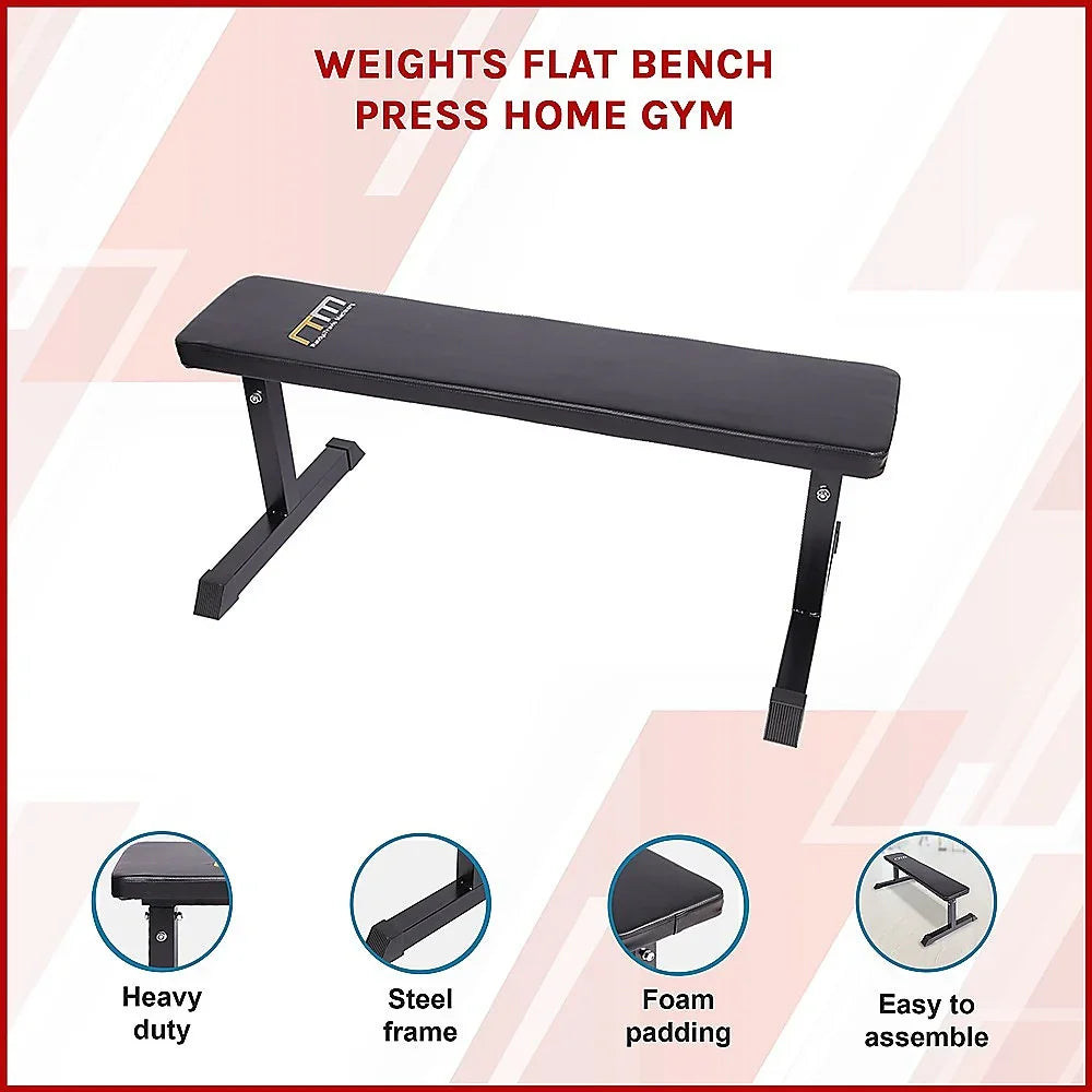 Weights flat bench press with steel frame and foam padding for home gym