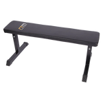 Black flat weight bench with metal frame for home gym workouts