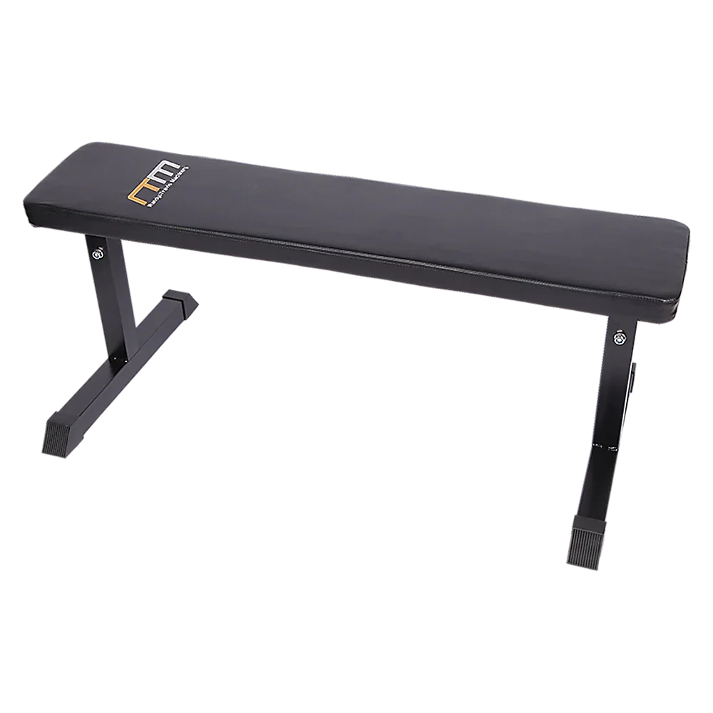 Black flat weight bench with metal frame for home gym workouts