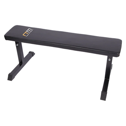 Black flat weight bench with metal frame for home gym workouts