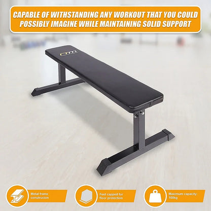 Flat weight bench with black padding, metal frame, gym background, workout bench features